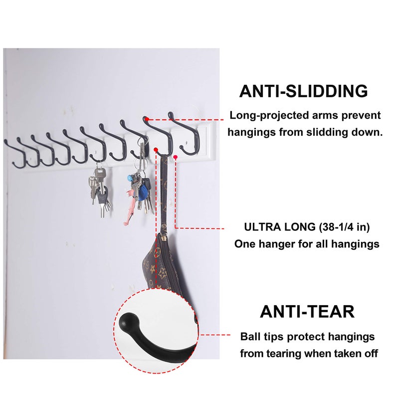 Dseap Coat Rack Wall Mounted: 10-Hooks, 16" Hole to Hole, 38-1/4" Long, Wood Coat Hooks Wall Mounted, Hook Rack, Hook Rail, Hooks for Hanging Coats, White & Black - Image 3
